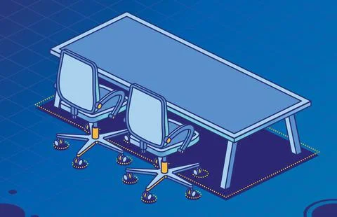 Two Isometric Office Chairs on Wheels and Modern Table with Four Legs. Stock Illustration