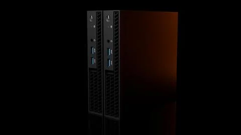 Two ISP server towers isolated on black background with orange glow Stock Illustration