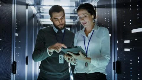 Two IT Engineers Walking in Data Center / Server Room, Talking, Running Diagn Stock Photos