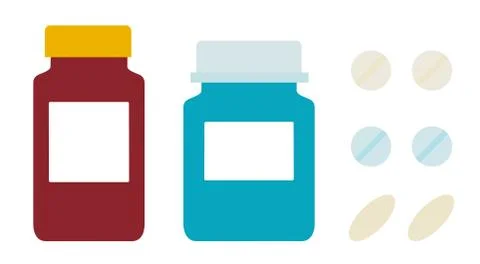 Two jars with clean labels and pills of different sizes Dental Tools vector icon Stock Illustration