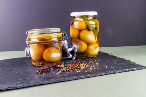 Two jars of pickled eggs, copyspace. Stock Photos