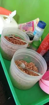 Two jars of spices in the form of fried onions for a sprinkling Stock Photos