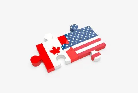 Two jigsaw puzzle pieces connected with U.S. and Canadian flags. Stock Illustration