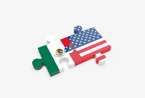 Two jigsaw puzzle pieces connected with U.S. and Mexican flags. Stock Illustration
