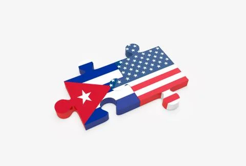 Two jigsaw puzzle pieces connected with U.S. and Cuban flags. Stock Illustration
