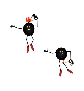 Two joyful coals making fire isolated on white Illustrazione stock