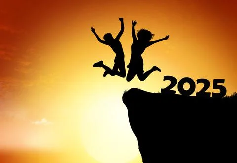 Two joyful figures leap into the sunset, celebrating the arrival of 2025 at.. Stock Illustration