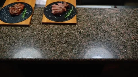 Two juicy steaks on a platter. Stock-Footage 145855793