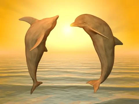 Two jumping dolphins at sunset Stock Illustration