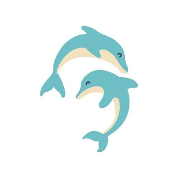 Two jumping dolphins. Vector simple flat hand drawn illustration isolated on Stock Illustration