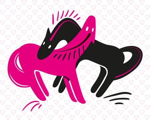 Two jumping horses. Background with pink hearts. Simple drawing in doodle style. Stock Illustration
