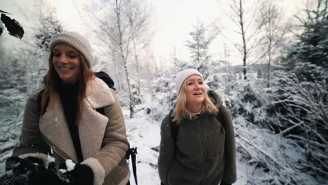 Two jung hikers exploring a snowy forest landscape outside Stock Footage 166504068
