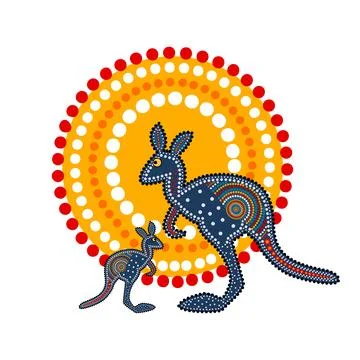 Two kangaroos and sun in decorative ethnic style on white background. Stock Illustration