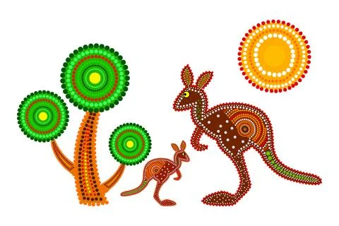 Two kangaroos, tree and sun in decorative ethnic style. Stock Illustration