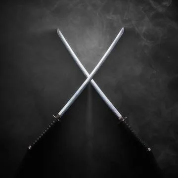Two katanas with crossed blades in dramatic smoke Stock Photos