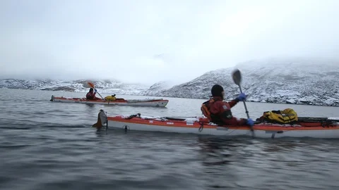 Two kayakers sailing on the Arctic Ocean, Greenland Stock-Footage 104181528