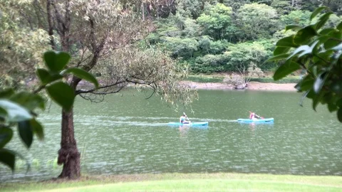 Two Kayaks passing by at the river Stock Footage 101857678