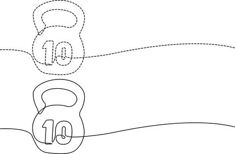 Two kettlebells labeled with the number ten kilograms each in a simple line.. Illustrazione stock