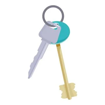 Two keys hanging from a turquoise keyring on white background Stock Illustration