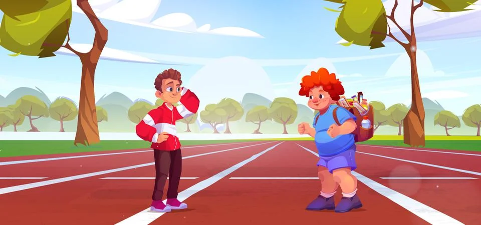 Two kid boys talking on running track Stock Illustration