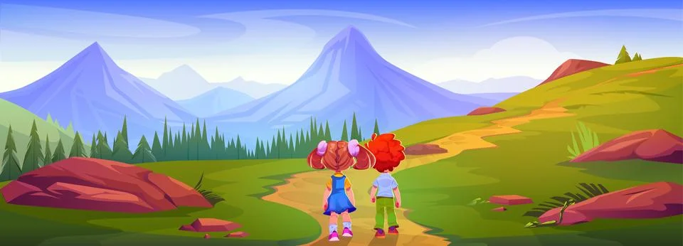 Two kids back view walking along path on meadow Stock Illustration
