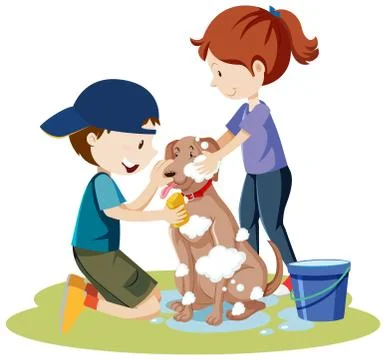 Two kids bathing dog with bubble foam on dog body cartoon isolated 스톡 일러스트