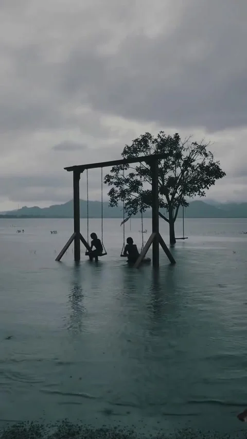Two Kids on Beach Swing Loop - Serene Coastal Scene Stock Footage 290492136