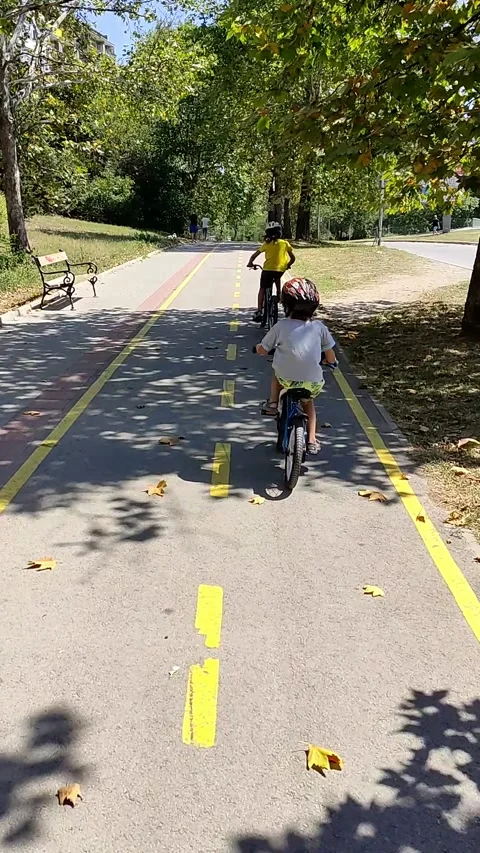Two kids biking along a tree-lined cycling lane on a sunny day, wearing helmets Stock Footage 298016271