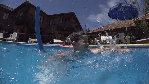 Two Kids Boy Girl Playing With Water Fight War Pool Two Kids Boy Girl Playing With Water Fight War Pool