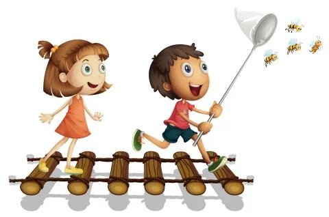 Two kids catching bee with net Stock Illustration