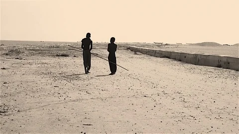 Two kids on a desert beach Stock Footage 81204707