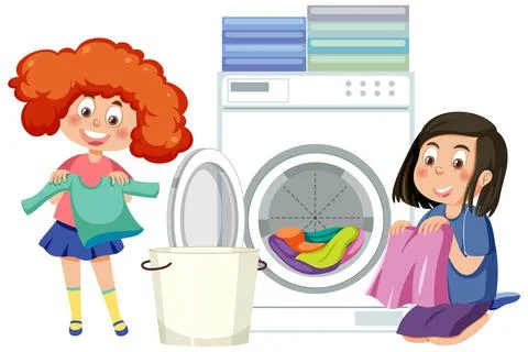 Two kids doing laundry together Stock Illustration