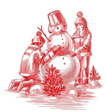 Two kids making a snowman. Real fully hand drawn engraving. Christmas and Stock Illustration