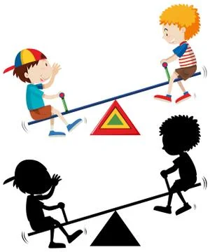 Two kids playing seesaw with its silhouette Stock Illustration