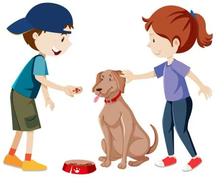 Two kids practicing and feeding their dog cartoon isolated Stock-Illustration