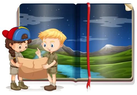 Two kids reading map with book of green field behind Stock Illustration