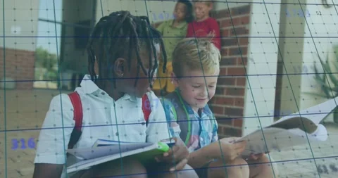 Two kids on school steps, boy flipping pages, sharing notes as faint numeric Stock Footage 331227272