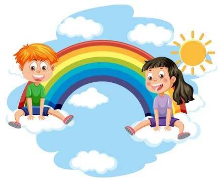 Two kids sitting cloud with rainbow Stock Illustration