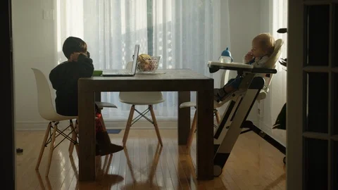 Two kids sitting on the dining table at home Stock-Footage 119992223