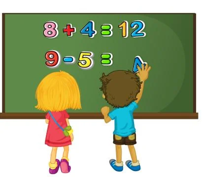 Two kids solving math problem on board イラスト素材