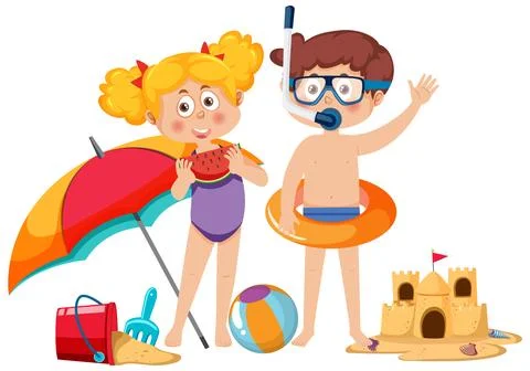 Two kids in summer beach theme Stock Illustration