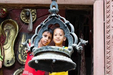 Two Kids in Temple Stock Photos