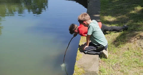 Two kids trying to catch fish with an improvised wood rod with plastic bag Stock Footage 337907785
