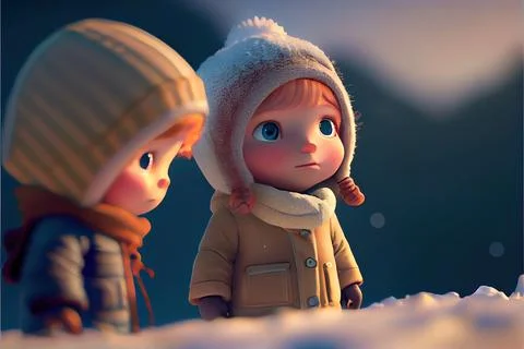 Two kids in warm clothing playing in snow. Beautiful snowy day. Snowy sunny.. Stock Illustration