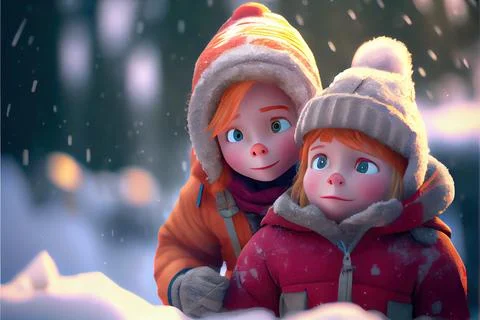 Two kids in warm clothing playing in snow. Beautiful snowy day. Snowy sunny.. Stock Illustration