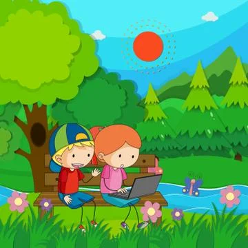 Two kids working on computer in the park Stock Illustration