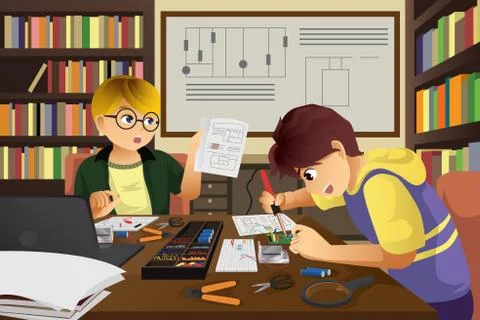 Two kids working on an electronic project Stock Illustration