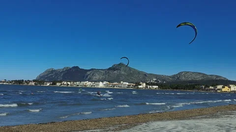 Two Kite Surfers In Pollenca Bay, Mallorca Island Stock Footage 49891564