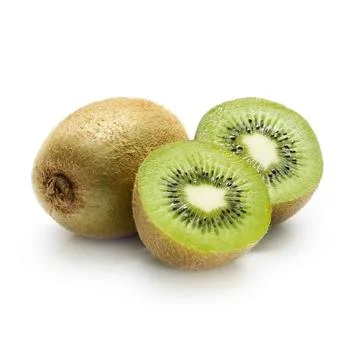 Two kiwi's one sliced in halve Stock Photos