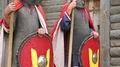 Two knights in armours in Kyivan Rus park, Kopachiv village, Ukraine HD Footage